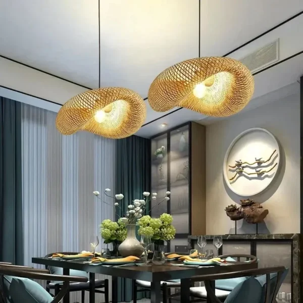 Bamboo Weaving LED Pendant Light HandMade Vintage Home Hanging Chandelier Lampshade Dining Living Room Indoor Fixtures - Image 5