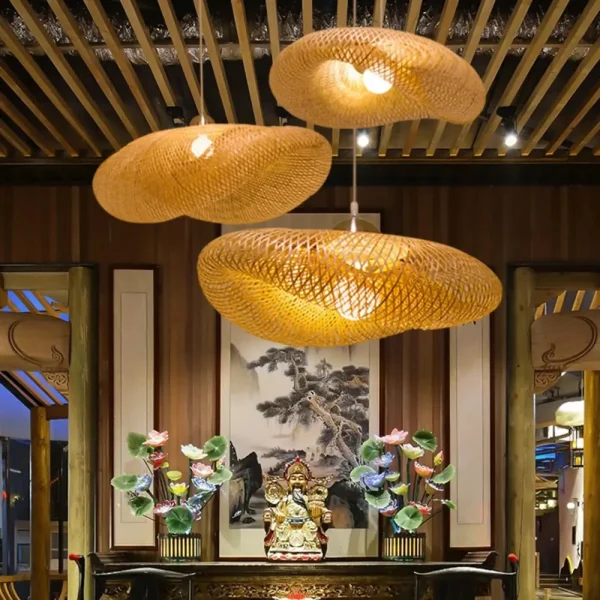 Bamboo Weaving LED Pendant Light HandMade Vintage Home Hanging Chandelier Lampshade Dining Living Room Indoor Fixtures - Image 3